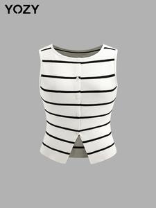 YOZY Women's Plain/Striped Print Button Front Sweater Vest, Casual Sleeveless Round Neck Knit Top for Spring & Fall, Fashion Women's Knitwear for Daily Wear