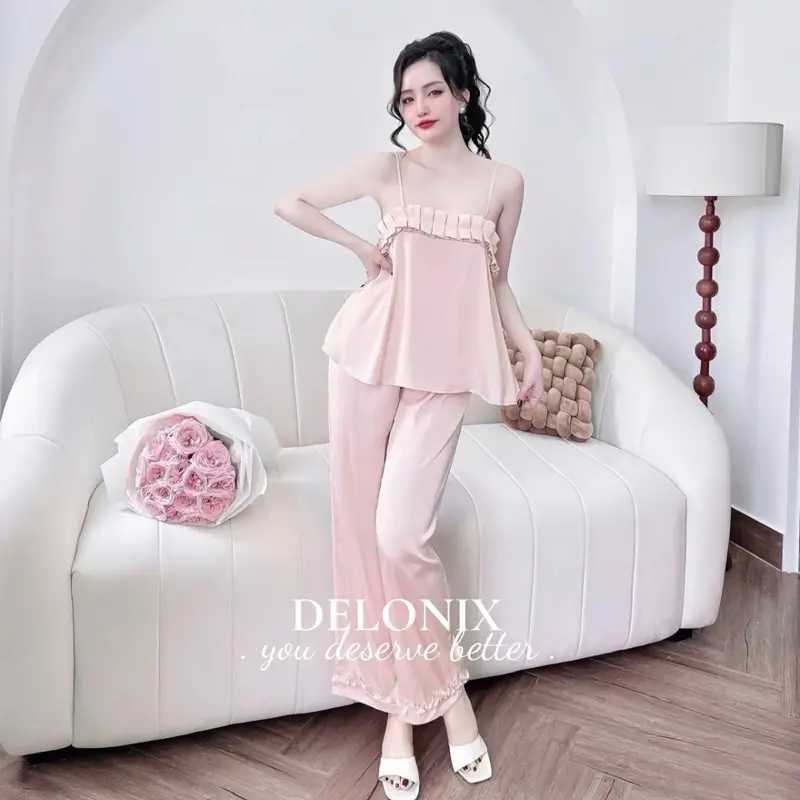 B17 Bộ đồ ngủ lụa pijama xếp ly 2 dây cute sang chảnh tôn dáng cao cấp chuẩn hàng bộ ngủ DELONIX 6