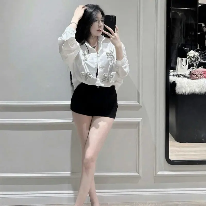 Áo Sơ Mi Đính Nơ Đá dành cho nữ siêu sang chảnh