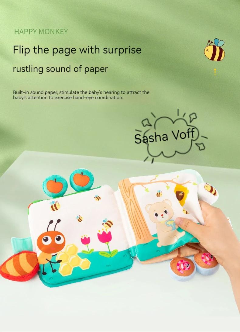 Product Introduction of Montessori Baby Books Toys Touch Feel Soft Crinkle Cloth Books for Babies Infants Educational Toys Rattle Bell Animal Cloth Book 7