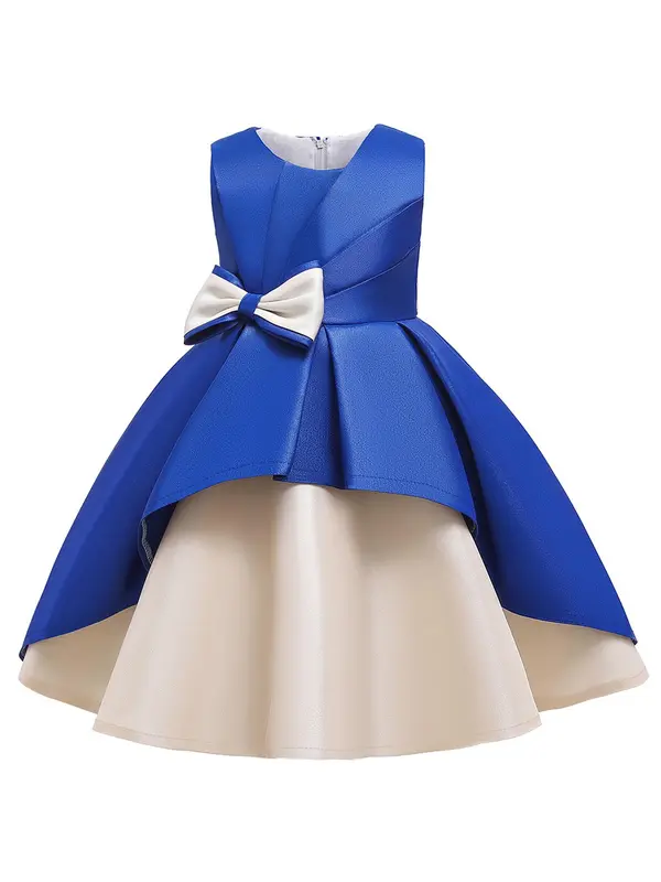 Girl's Solid Bow Front Plicated A Line Dress, Elegant Bow Back Sleeveless Round Neck Tulle Dress For Wedding Party, Kids Partywear For All Seasons 6
