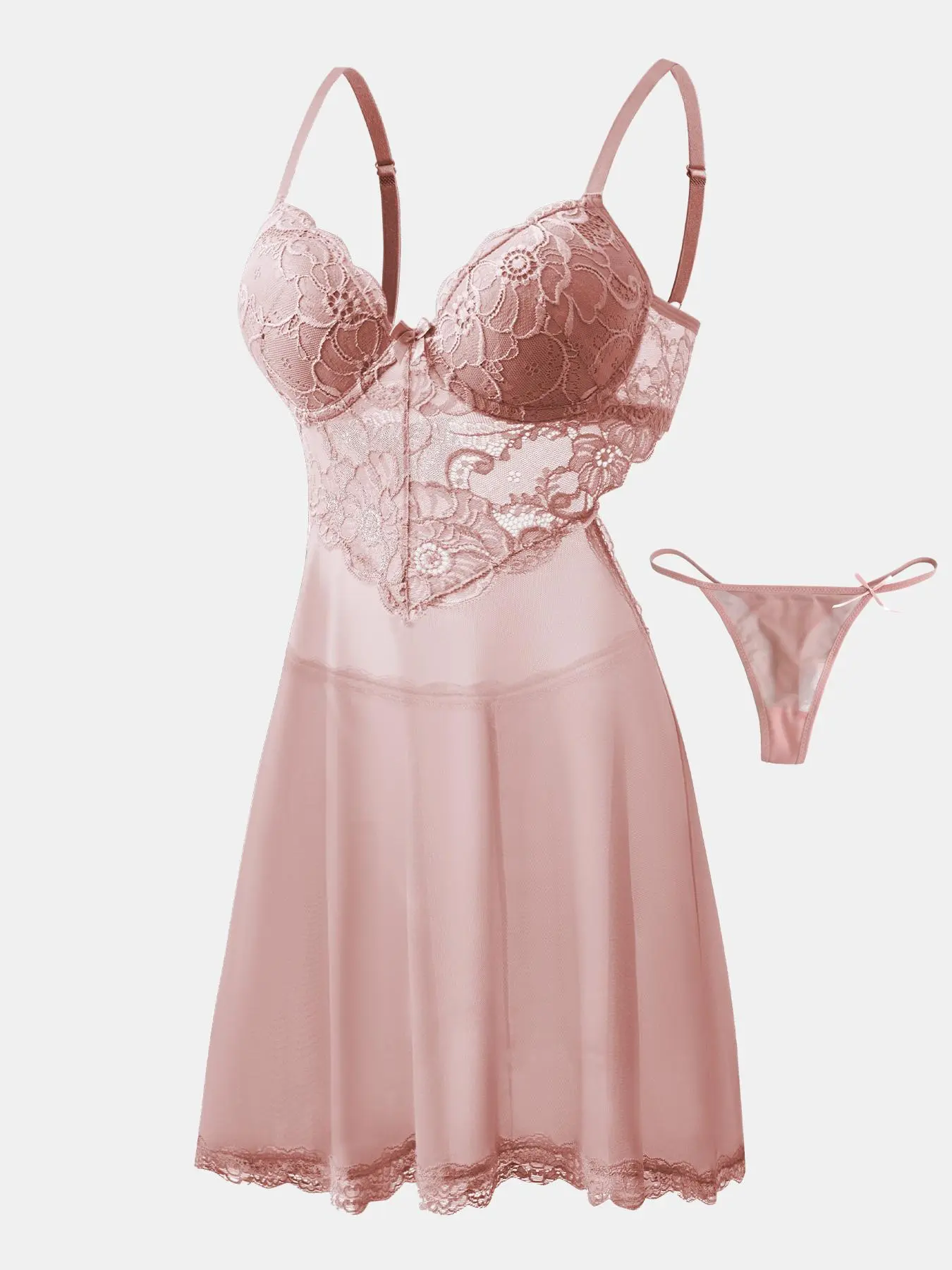 Women's Sheer Bow Decor Sexy Tulle Lingerie Set, Sexy Cut Out Cami Nightdress & Thong Set, Mean Girls Two-piece Sets, Women's Lingerie & Underwear