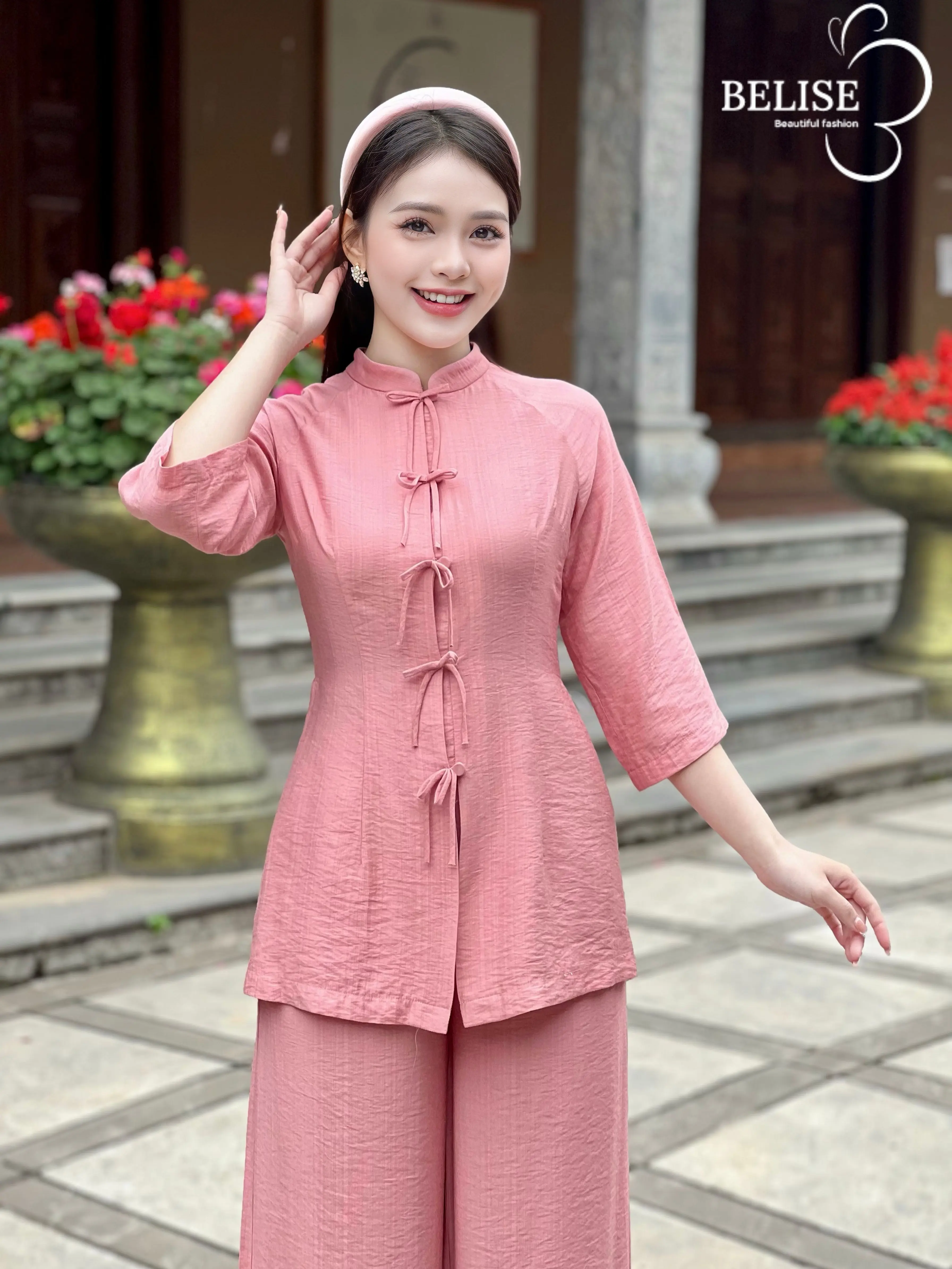Pháp phục đũi hồng form dáng bà ba siêu tôn dáng trang trí nơ cực dễ thương - Belise Fashion Ong Nữ Women Áo Voi Jacket