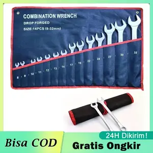 Tas Gulung Penyimpanan Kunci Ring Pas Set 14 Slots Canvas Roll  Wrench Bag Multifungsi Portable (Only Tas)