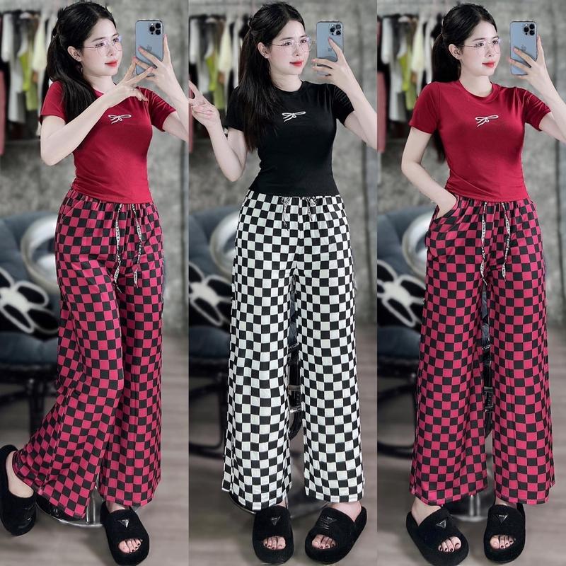  Sét Áo Thun Trơn Thêu Nơ Basic Phối Quần Suông Kẻ Ô Vuông Bigsize 45-85kg set đồ thường 