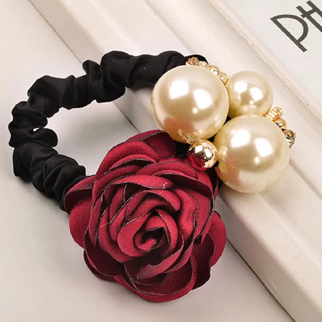 Fashion Pearls Rose Flower Hair Ropes Soft Rubber Hair Bands Ponytail Head Ring Scrunchies for Girls Headwear Headress