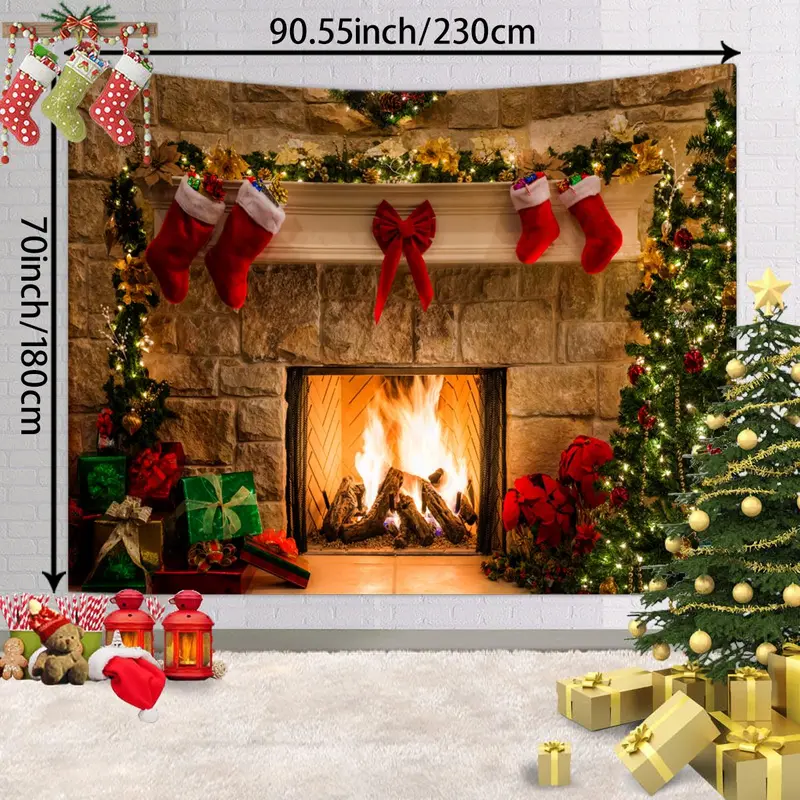 Christmas Fireplace Pattern Tapestry, 1 Count Christmas Themed Photography Background Cloth, Christmas Party Supplies, Home Decor 3