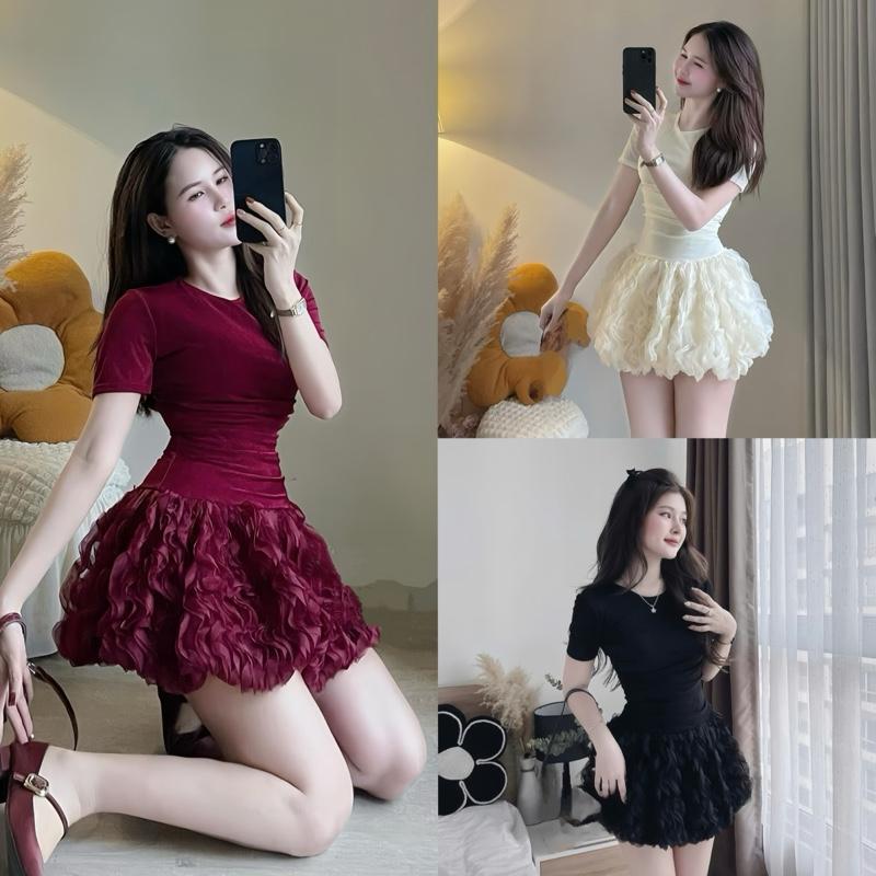 Váy body thun nhũ nhún eo phối chân váy lượn sóng, Đầm body thun nhũ dáng ôm cổ tròn sang trọng đi chơi đi tiệc đồ dự đỏ ngắn xoè đỏ missavenue m váy dự tiệc
