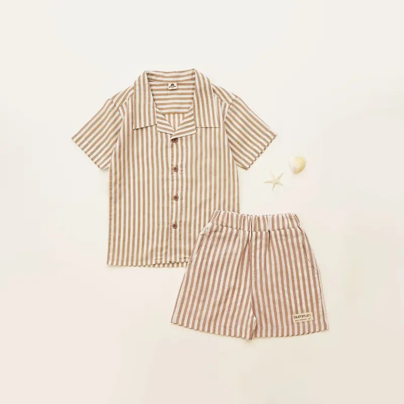 PEEWEE Kemeja lengan pendek anak laki-laki salur stripe striped open collar kerah terbuka anak Fashion 1-10 Tahun casual Multicoloured kaosanak polos 3