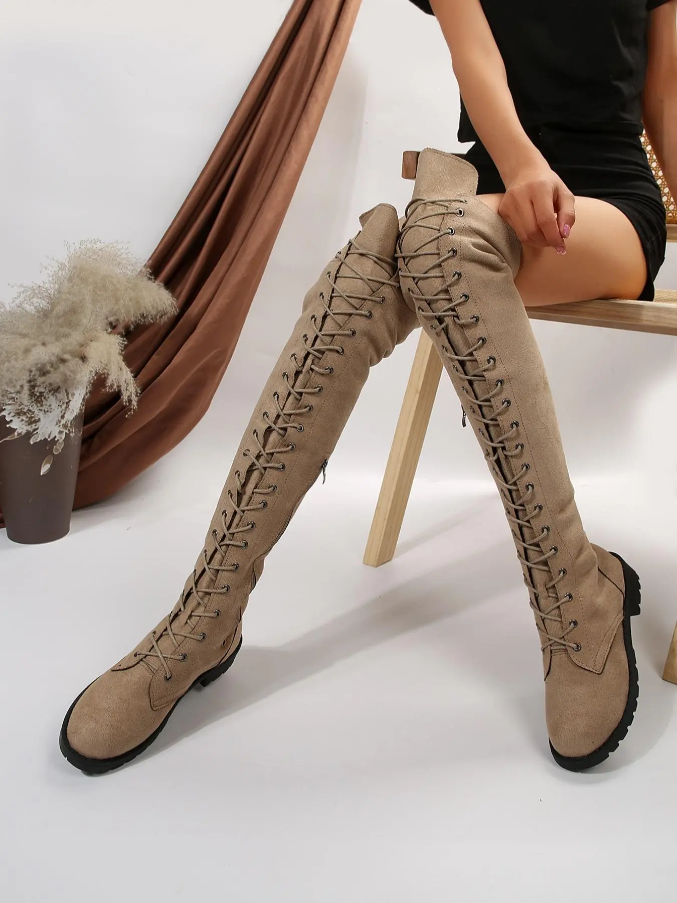 Women's Lace Up Front Simple Over-the-knee Boots, Elegant Fashionable Solid Color Round Toe Boots for Daily Wear, Fashion Shoes for Party, Daily Clothing Decor for Women
