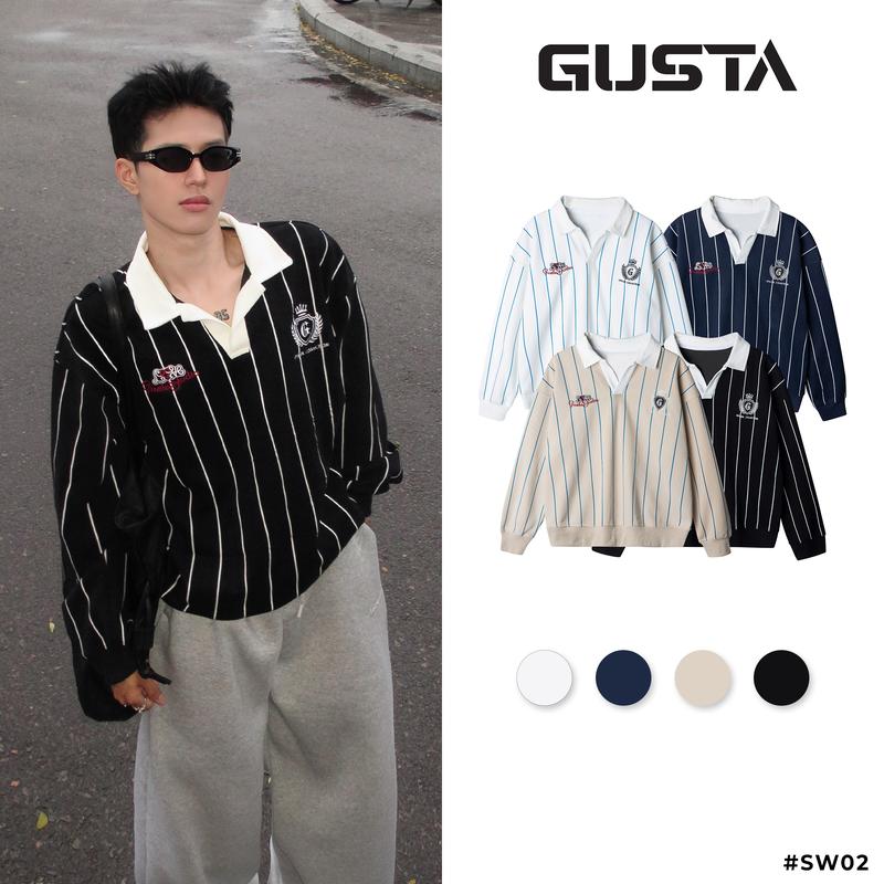 GUSTA - SW02 - Áo Sweater Nam Nữ Oversize Cổ Polo Phối Kẻ Sọc Độc Đáo Phong Cách Hàn Quốc Streetwear