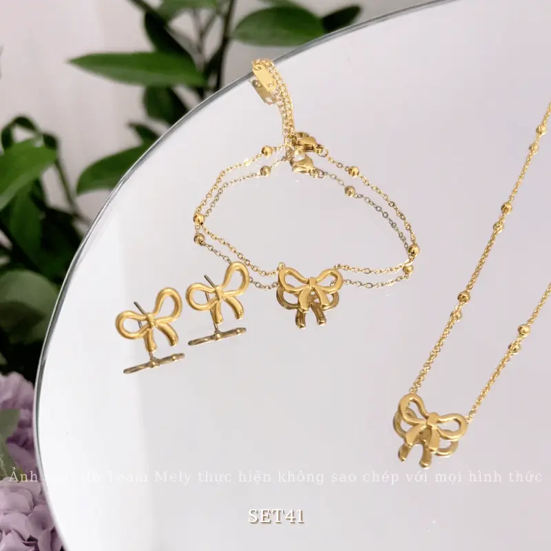 [KHÔNG ĐEN GỈ] Bộ Bông tai, Dây chuyền, Vòng tay Titan hình nơ dạng sợi mảnh thời trang Hàn Quốc - Mely TT100 8