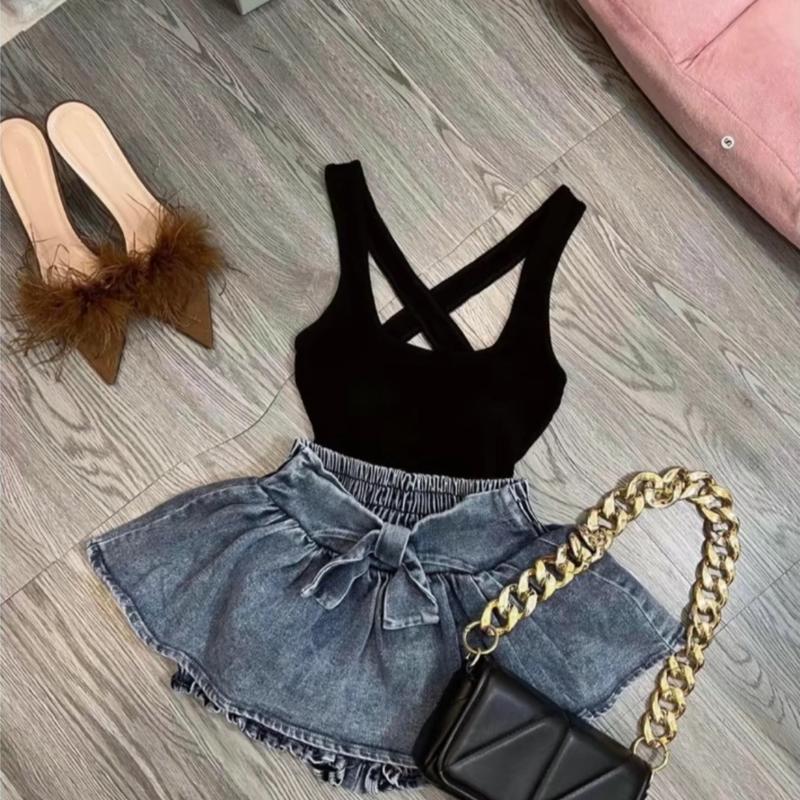 Set áo 2 dây đan chéo lưng chân váy jean nơ Nữ Women Top