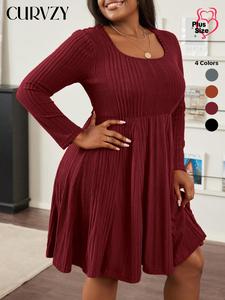 CURVZY Plus Size Autumn Aesthetic Solid Ribbed Scoop Neck A Line Dress, Casual Long Sleeve Dress for Spring & Fall, Women's Clothes for Daily Wear, Fall & Winter Clothes