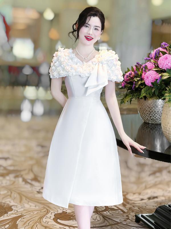   MIỄN SHIP  MDU4456 Váy Tafta Dệt Hoa Nổi Cao Cấp - Gam Màu Trắng Basic Phối Chi Tiết Vai Phủ Dệt Hoa Nổi Độc Đáo Dành Cho Nữ Women Dress 