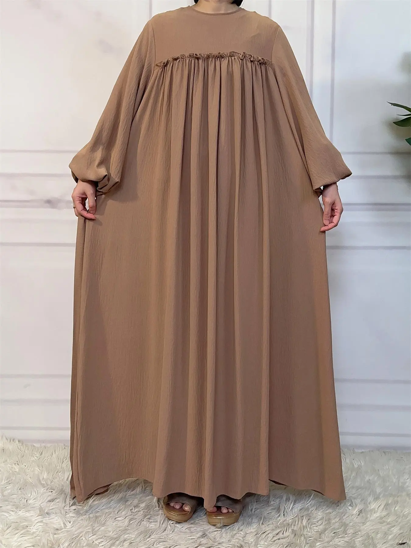 Women's Plain Frill Trim Belted Pocket A Line Dress, Casual Bishop Sleeve Long Sleeve Round Neck Maxi Dress for Fall & Winter, Women's Clothing for Daily Wear