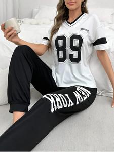 ツーピースセット女性の番号プリントTシャツ&パンツパジャマ、カジュアルな快適なVネック半袖Tシャツ&ズボンPjセット、レディースの夏のパジャマ