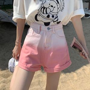 Korean Version Gradient Pink Denim Shorts for Women's Summer Loose Casual High Waisted Wide Leg Hot Pants Jeans Womenswear Bottom Lingerie Trouser Streetwear Pocket Fitted