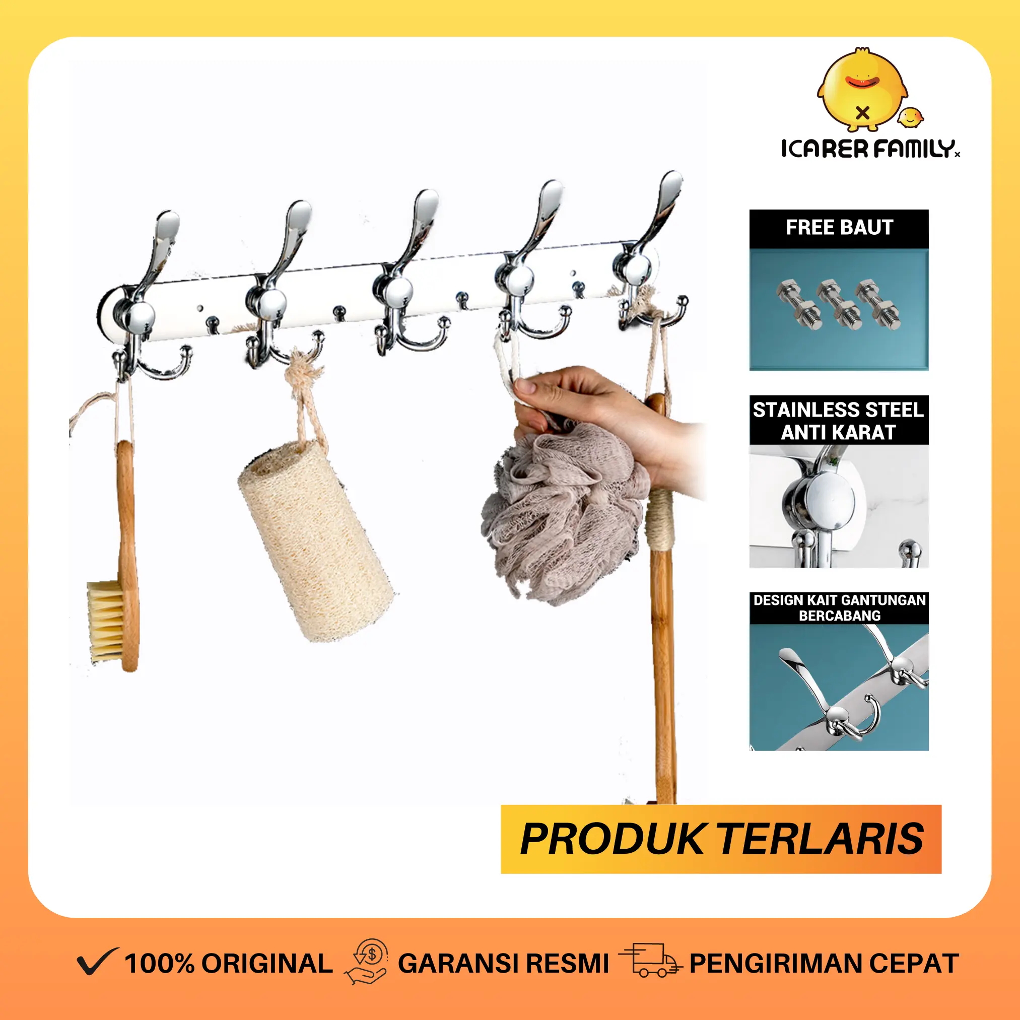 Icarer Family Gantungan Baju Dinding Tempel Cantolan Stainless Steel 5 Hook Anti Karat Anti Karat