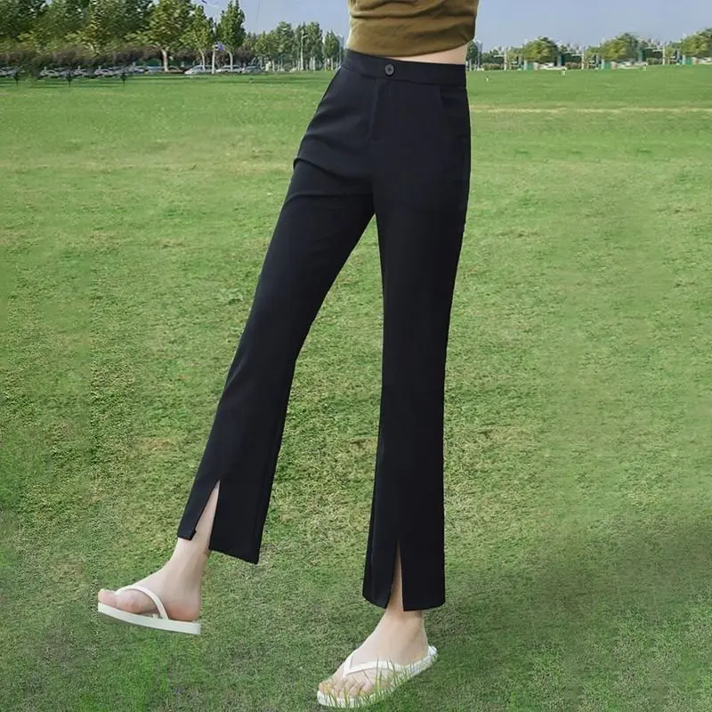 Women's Suit Pants with Slit, Flared, Summer Thin Pants, Ice Silk Style, High Waist, Slimming, Flattering, Versatile, Draped, Casual Pants