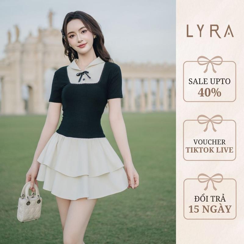 Váy nữ thiết kế cổ yếm đính nơ xinh xắn chất thun co giãn phối chân váy xoè tầng tiểu thư LWNVD030 Women Dress