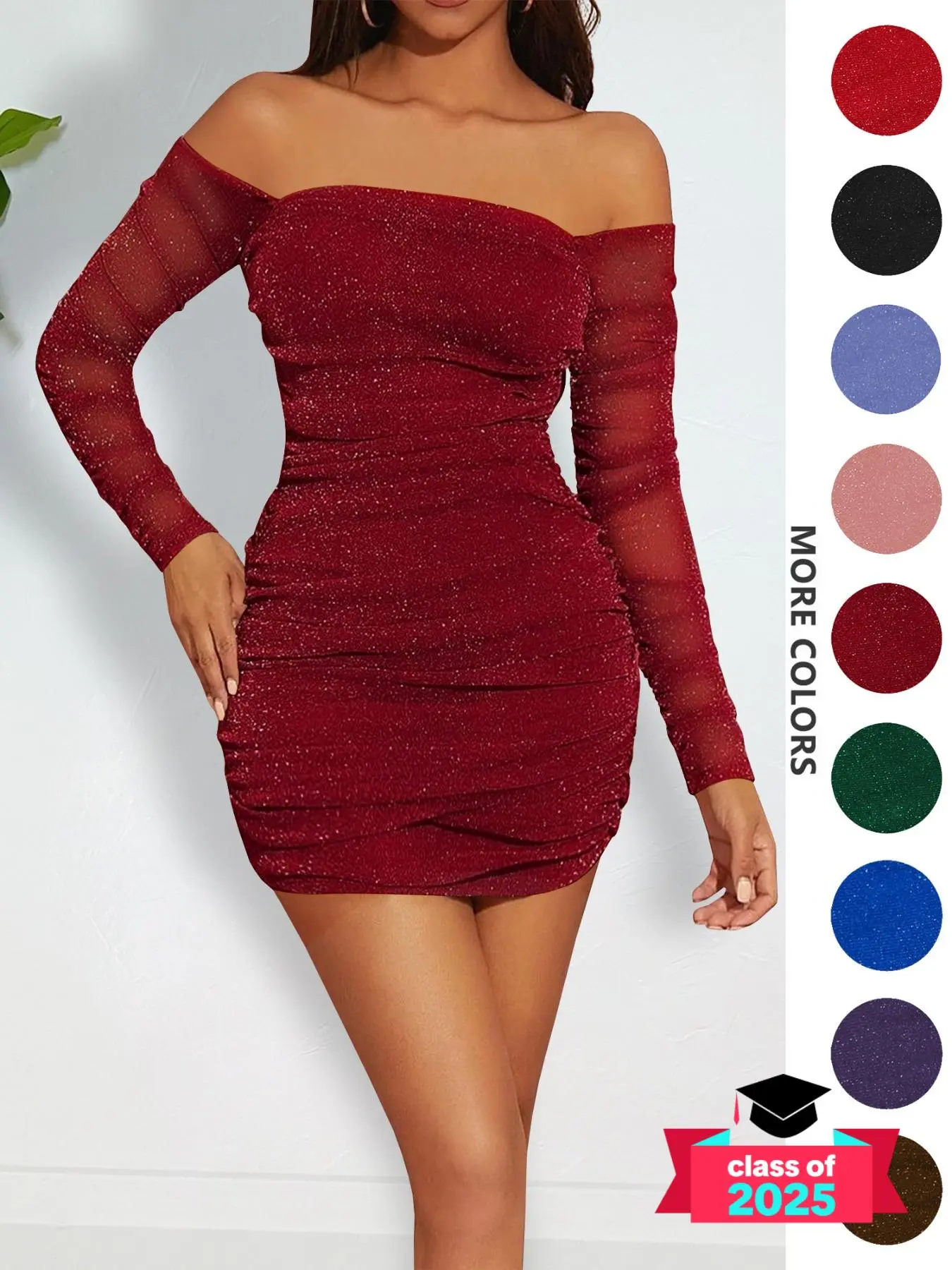 Women's Glitter Off The Shoulder Ruched Bodycon Dress, Elegant Long Sleeve Backless Short Dress for Party Club Dating Wear, Ladies Spring & Fall Clothes