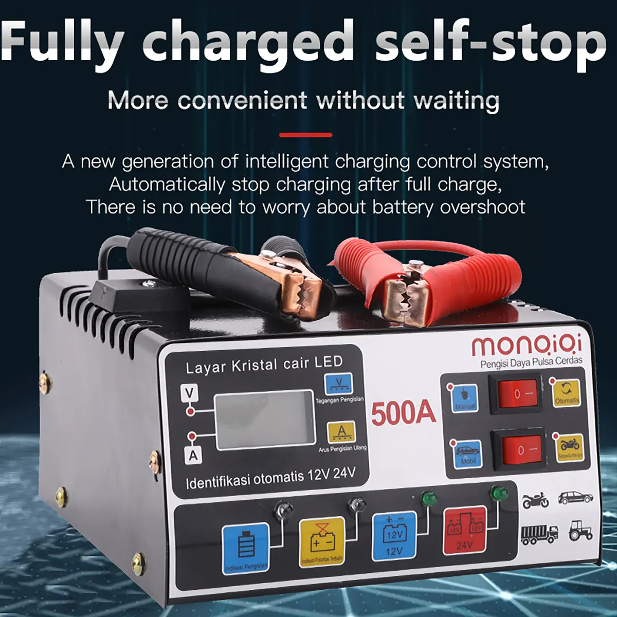 Monqiqi 220W Charger Aki Motor Mobil 12V 24V LED Dengan LCD Indikator Smart Intelligent Chip Pengisi Daya Baterai Mobil Sepenuhnya Otomatis Frekuensi Tinggi Pengisi Daya Perbaikan Pulsa Cerdas 6-180Ah