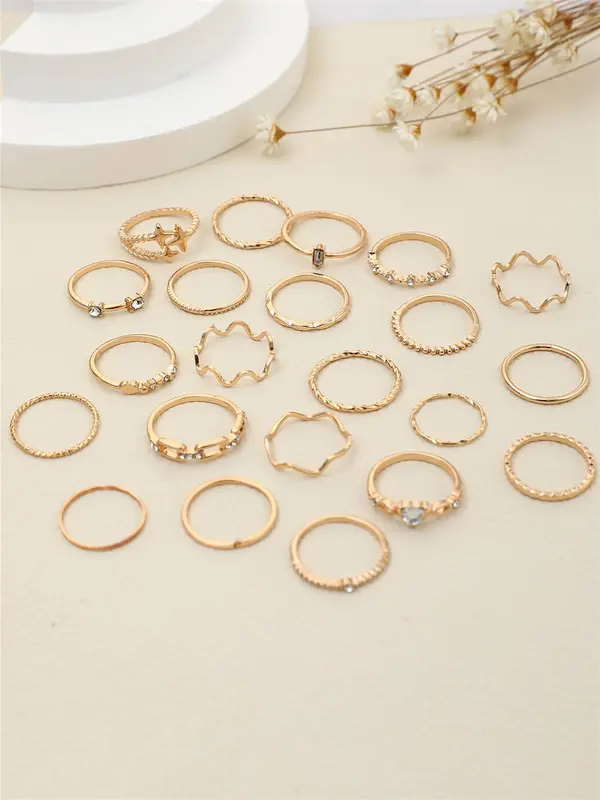 Women's Elegant Rhinestone Decorated Rings with Star & Heart Design (22pcs), Casual Trendy Rings for Party, Daily Clothing Decor, Trendy All-match & Exquisite Jewelry for Birthday Gift 7