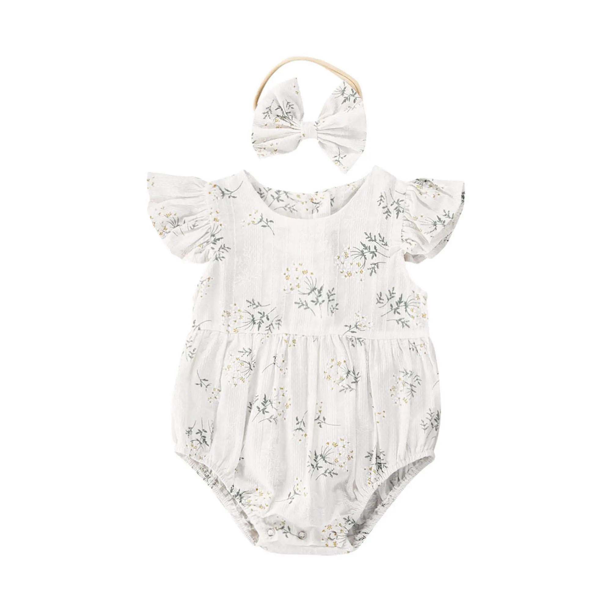 2Pcs Baby Summer Outfits, Full-Floral Printed O-Neck Ruffle Sleeves Romper + Hairband for Toddlers, Girls, 0-24 Months
