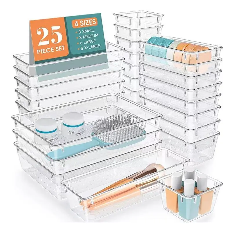 Drawer Organizer, 25pcs/set Clear Makeup Brush Nail Polish Skincare Storage Box with Drawer Divider, Desktop Storage Organizer for Home Office Bathroom