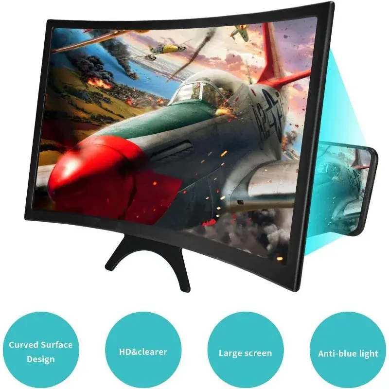 Kính lúp màn hình điện thoại, 12 inch, 3D HD, kính lúp màn hình phim, với thiết kế bề mặt cong, chân đế điện thoại 2