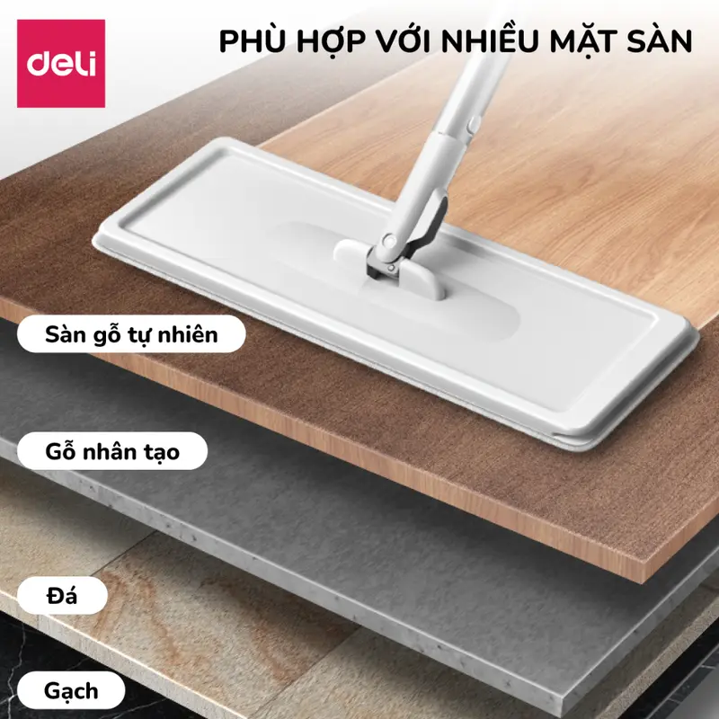 Cây lau nhà tự vắt có thùng 2 ngăn Deli, bộ chổi lau nhà 360 độ kèm bông lau microfiber siêu sạch, lau sàn nhà, sàn gỗ, kính và nhiều bề mặt khác Làm Sạch 3