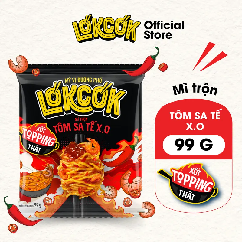 [Chính Hãng] Mì Trộn Tôm Sa Tế X.O Xốt Topping Thật LÓKCÓK (99 gram) Food Thức Ăn Cay 1