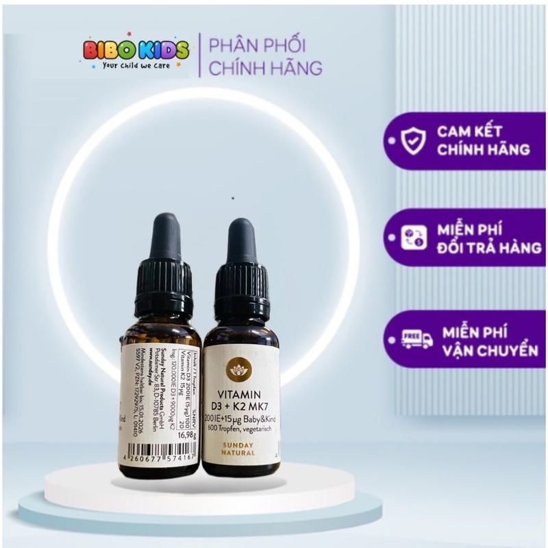 Siro Bổ sung vitamin  D3 K2 Mk7 Sunday Natural 20ml của Đức, hỗ trợ hấp thu canxi, Tăng chiều cao cho bé Men Vi Sinh