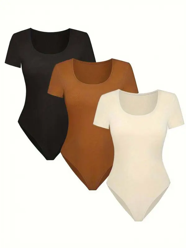 Women's Solid Color Bodysuit, Casual Comfy Breathable Short Sleeve Bodysuit for Summer, Ladies Clothes for Daily Wear 3