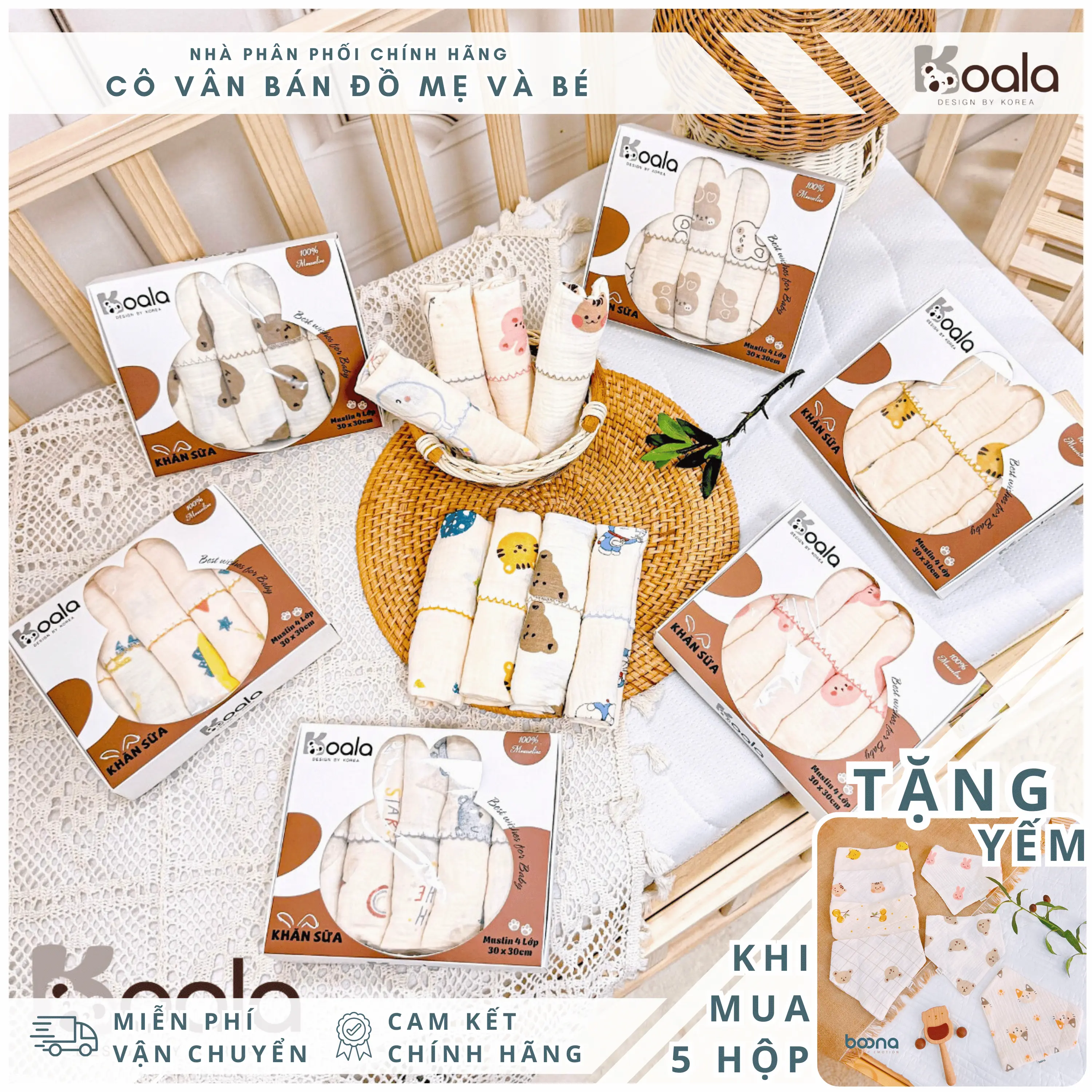 [Mua từ 5 hộp tặng 1 yếm] Khăn xô sữa Koala cho bé làm từ vải muslin cao cấp 4 lớp dùng làm khăn lau, khăn mặt kích thước 30x30cm