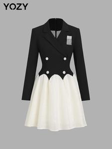 YOZY Women's Colorblock Double Button Lapel A Line Dress, Elegant Long Sleeve Short Dress for Party Holiday Wedding Guest, Ladies Fall & Winter Clothes