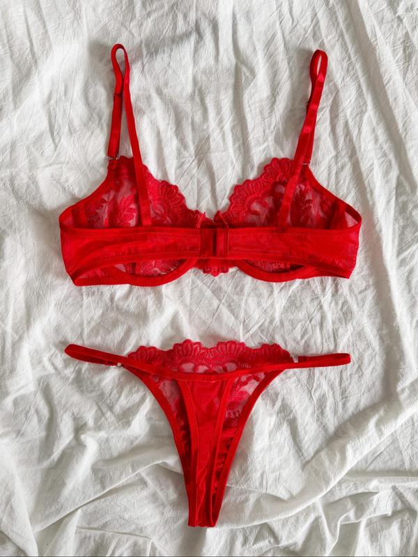 Two-piece Set Women's Floral Lace Underwire Underwear Set, Sexy Adjustable Strap Bra & Sheer Thong, Ladies Underwear Sets for All Seasons Daily Wear, Naughty Lingerie, Womens Underwear 1