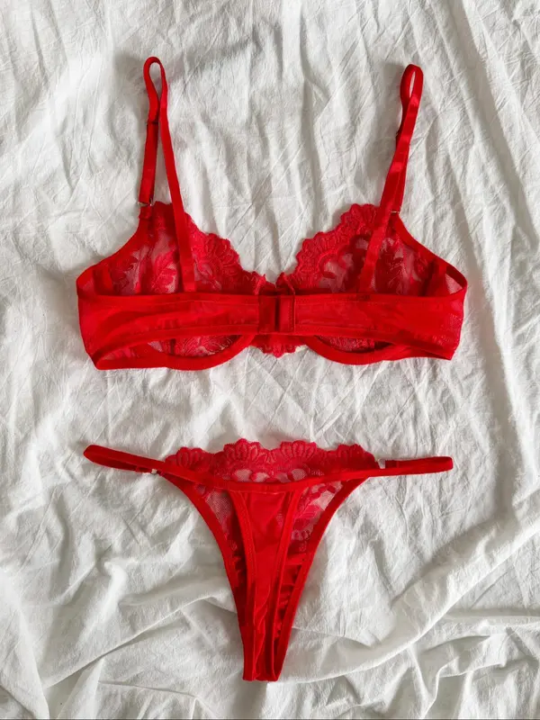 Two-piece Set Women's Floral Lace Underwire Underwear Set, Sexy Adjustable Strap Bra & Sheer Thong, Ladies Underwear Sets for All Seasons Daily Wear, Naughty Lingerie, Womens Underwear 1