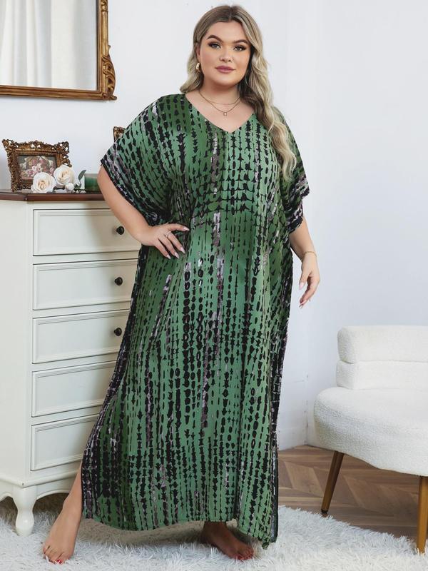 Plus Size Geometric Striped Print Batwing Sleeve Split Hem Tunic Dress, Casual V Neck Half Sleeve Cover Up Dress for Summer, Women's Clothes for Beach Holiday Vacation 4