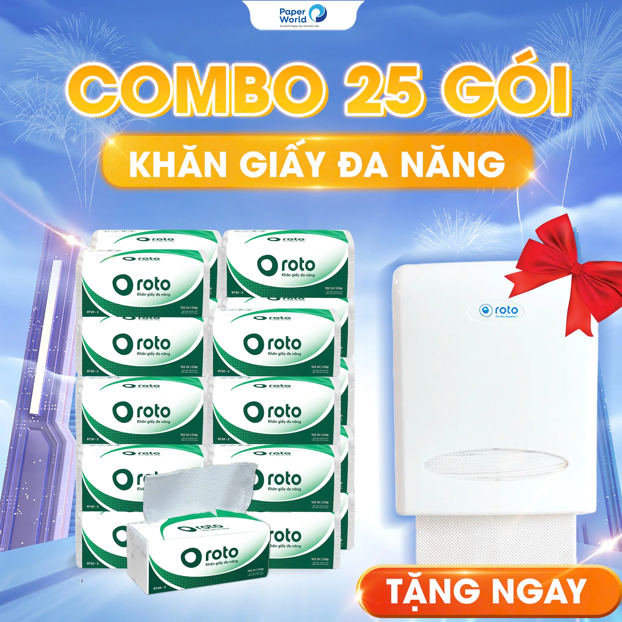 [Combo 25 gói] Khăn giấy rút đa năng 2 lớp cao cấp mềm mịn, siêu dai Roto Eco 100% bột giấy nguyên sinh | Thế Giới Giấy | RT20-2 | Giấy Rút Đa Năng. Giấy Ăn giay  rut