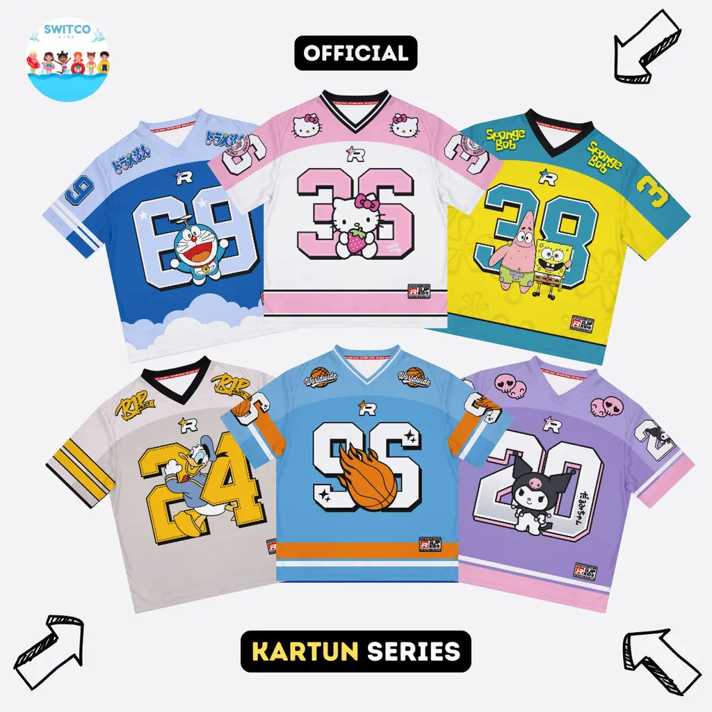 SWITCO | Kaos Jersey Anak Kartun Series Laki Laki Bahan DryFit Brazil Full Printing Casual Rugby Retro Streetwear Vintage Hockey Perempuan