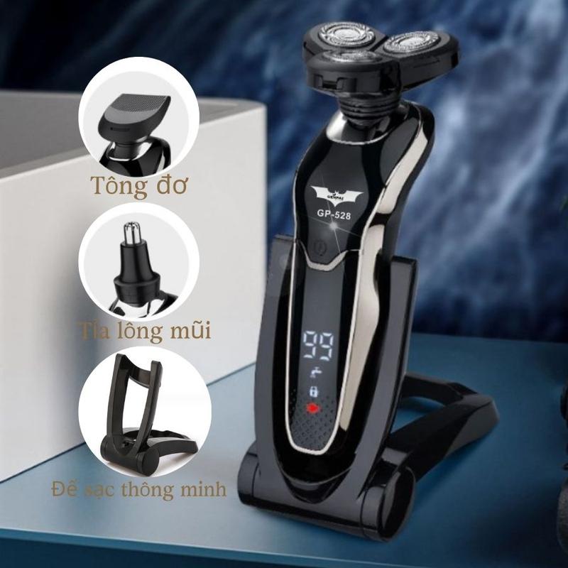 Máy cạo râu 3 IN 1 Genpai GP528 (cạo râu, tỉa lông mũi, tông đơ), đầu cạo 5D mới, cạo nhanh sạch an toàn, không đau rát, đế sạc thông minh, chuyên dành cho râu rậm, râu quai nón, BH 12 tháng