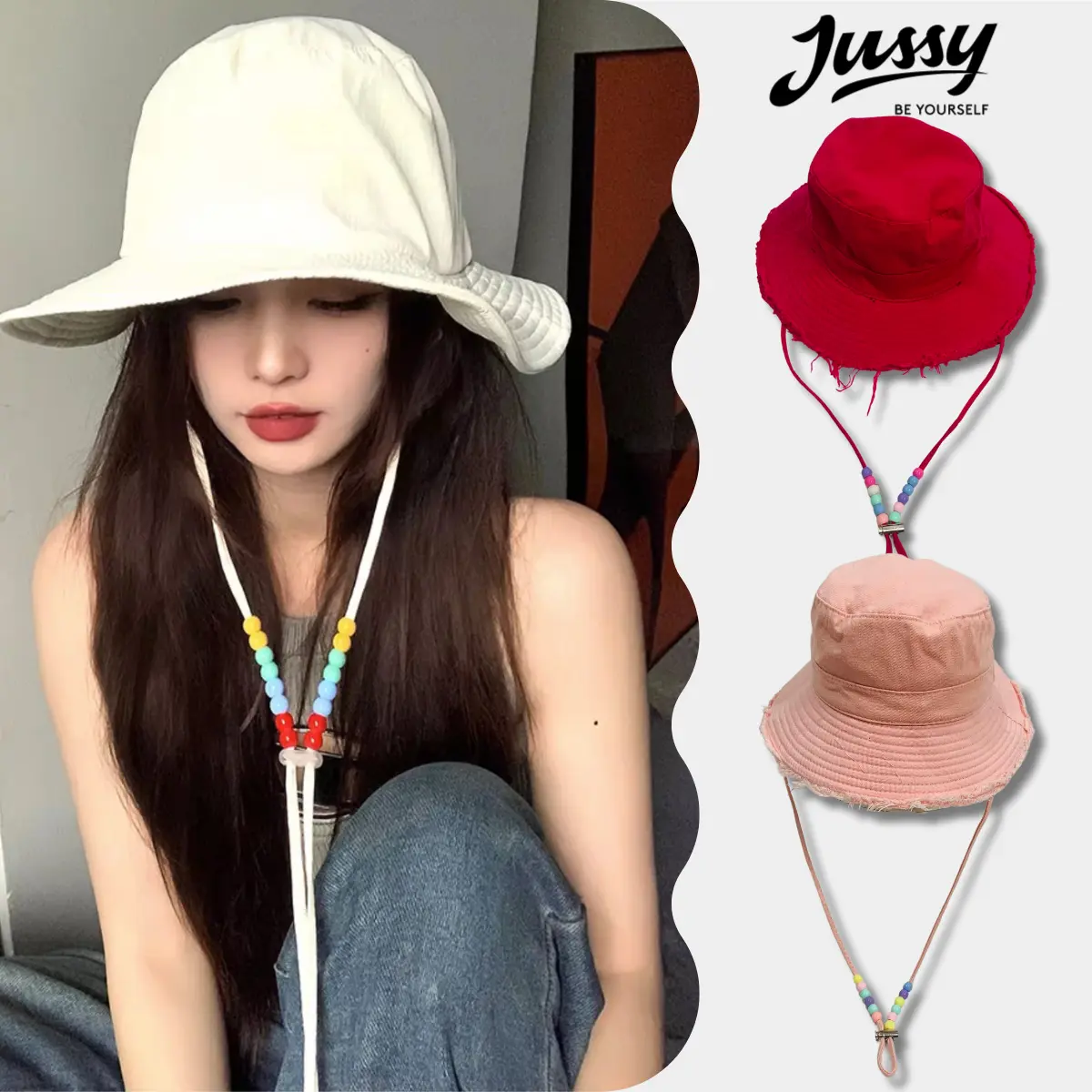 Mũ Bucket Tua Rua Dây Quai Đính Hạt Xinh Xắn JB43 Jussy Fashion Kiểu Nón Tai Bèo Nam Nữ Có Dây Rút Thu to Nhỏ Voi
