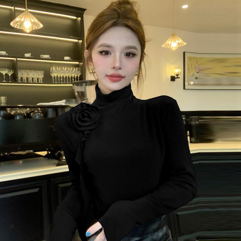Áo Lớp Nền Hoa, Cổ Lọ Nửa, Dành Cho Nữ, Mùa Thu Và Mùa Đông, Cao Cấp, Hàng Mới Về 2025, Màu Đen, Dáng Ôm, Áo Thun Dài Tay, Có Thể Mặc Bên Trong Áo Cánh đồ trang trí ba chiều ren 4