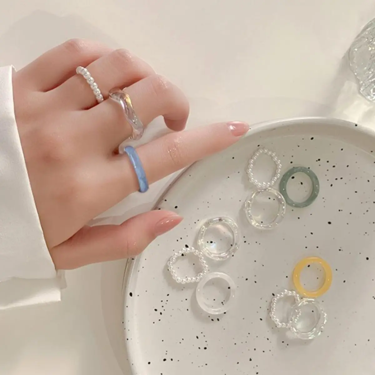 Gomez 3pcs / Set Cincin Aesthetic Mutiara Resin Akrilik Warna-Warni 17KM Untuk Aksesoris Fashion Perhiasan Wanita korean style [H3-4]