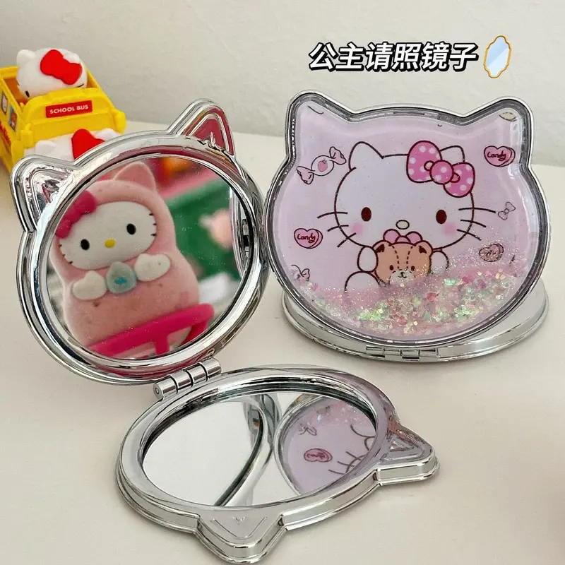 Gương Cát chảy, Kích thước nhỏ, Cầm Tay và Gấp, Gương đôi, Thích hợp cho mỹ phẩm, Phong cách Kitty, Cầm Tay và Cầm Tay Cosmetic 7