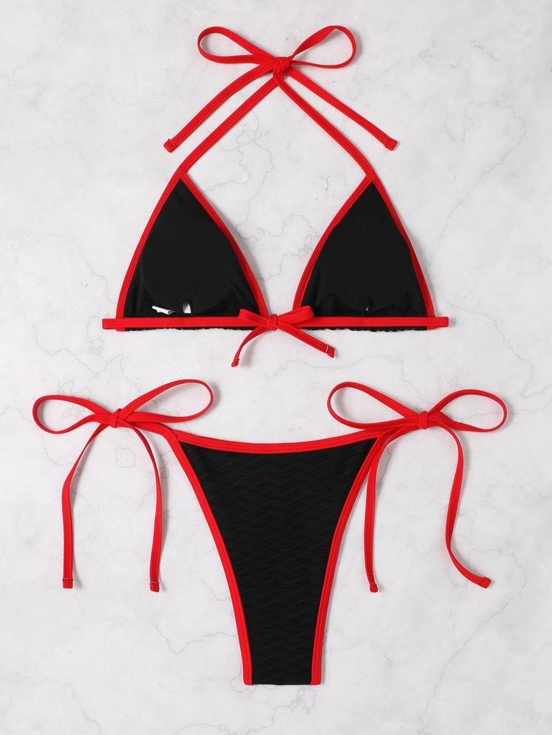 Product Introduction of Two-Piece Set Women's Boho Contrast Binding Bikini Swimsuit, Halter Neck Tie Back Triangle Swim Bra & Tie Side Swim Bottom, Ladies Summer Swimwear for Beach Holiday Vacation 12
