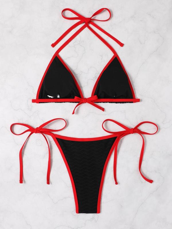 Two-Piece Set Women's Boho Contrast Binding Bikini Swimsuit, Halter Neck Tie Back Triangle Swim Bra & Tie Side Swim Bottom, Ladies Summer Swimwear for Beach Holiday Vacation 1