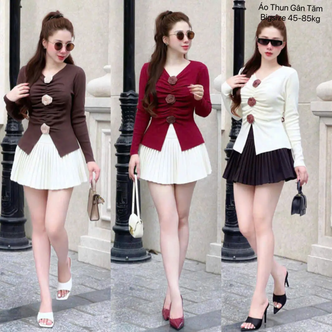 Áo Thun Kết 3 Hoa Thun Gân Tăm Thu Đông Co Giãn 4 Chiều Tay Dài Phối Hoa Xinh Cổ Tim Bigsize 45-85kg Top Women Nữ Shirt aochay pho HN01